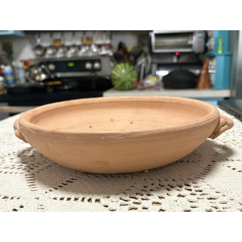 Handmade Brown Clay Ceramic Art Pottery Perforated Bowl w/ Handles Stamped
